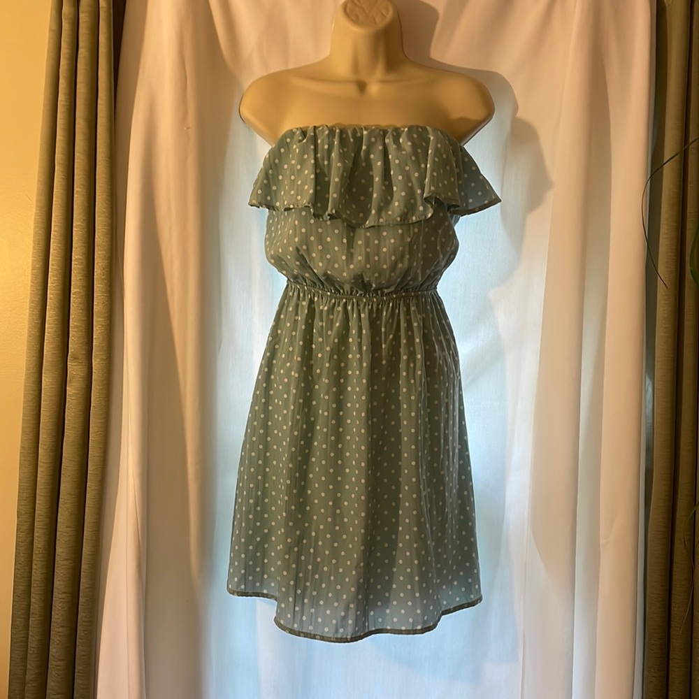 Light Blue with White Dot + Ruffles Mini Dress, Francesca’s Collection, Medium